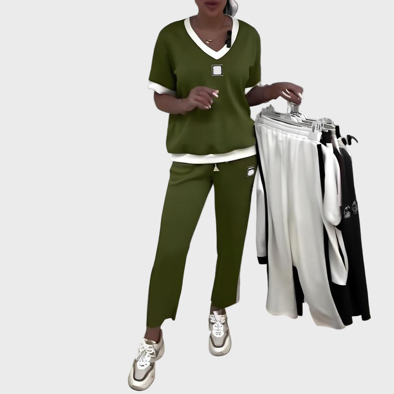 Dairine | Damen Freizeitset mit Oberteil und Hose mit V-Ausschnitt