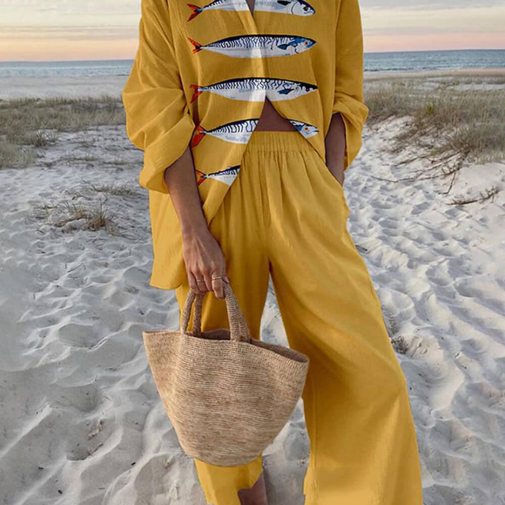 Gisela | Bluse Oversize mit Ozeanprint aus Stil Insel und Hose mit elastischen Taschen