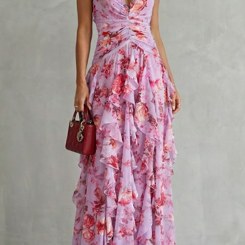 Belladina | Romantische Rosenwasserfall Maxikleid mit Amerikanischem Ausschnitt