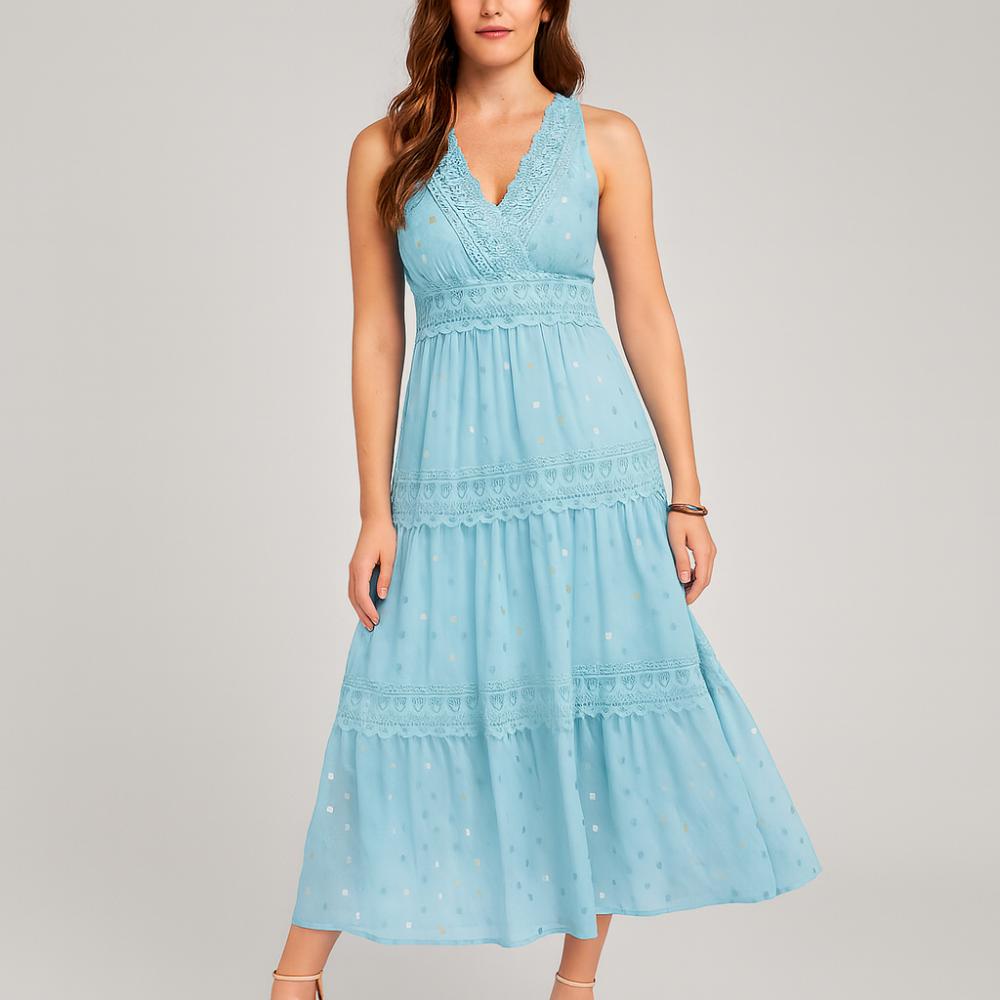 Ärmelloses Midi-Kleid für Damen mit V-Ausschnitt und fließendem Rock