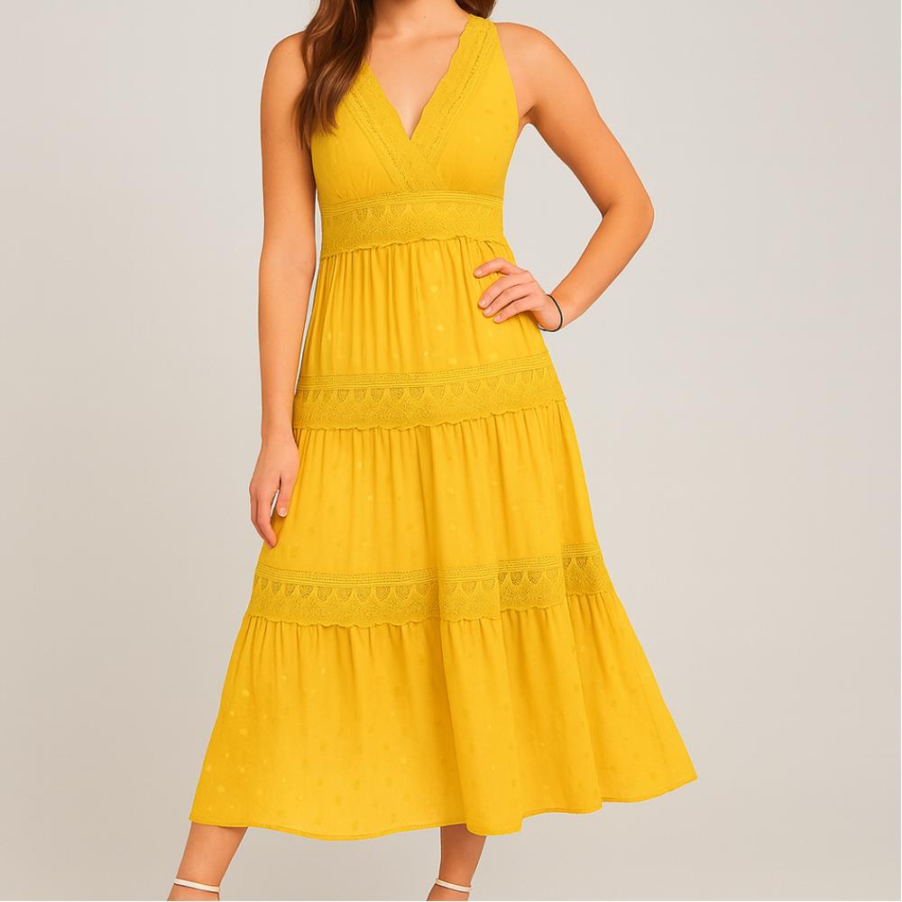 Ärmelloses Midi-Kleid für Damen mit V-Ausschnitt und fließendem Rock
