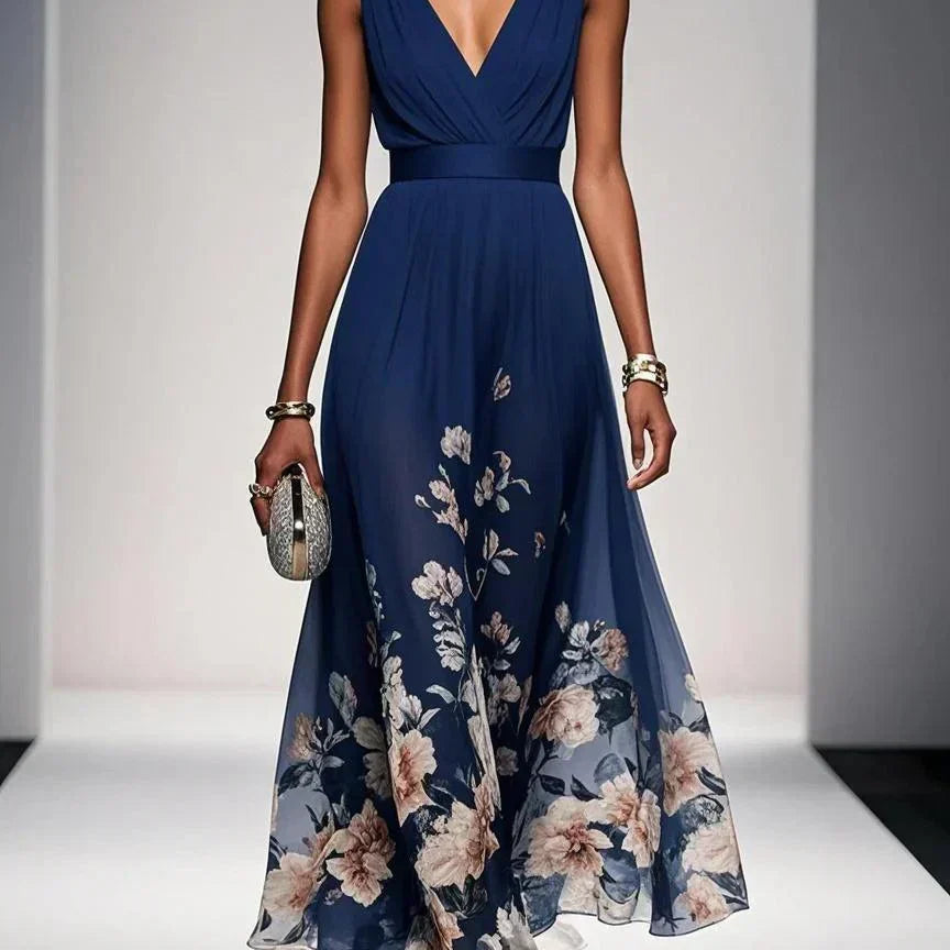 Paula | Maxikleid aus Chiffon mit Blumen hellblau und V-Ausschnitt