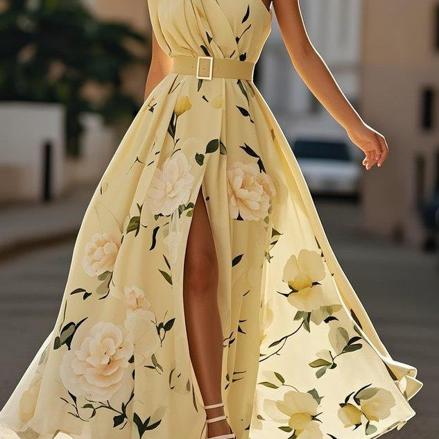 Amelie | Maxikleid Chiffon mit Blumenmuster mit freien Schultern hellgrün
