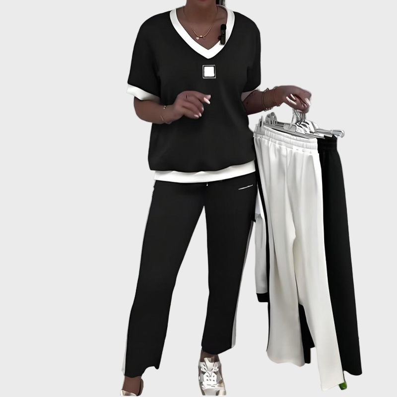Dairine | Damen Freizeitset mit Oberteil und Hose mit V-Ausschnitt