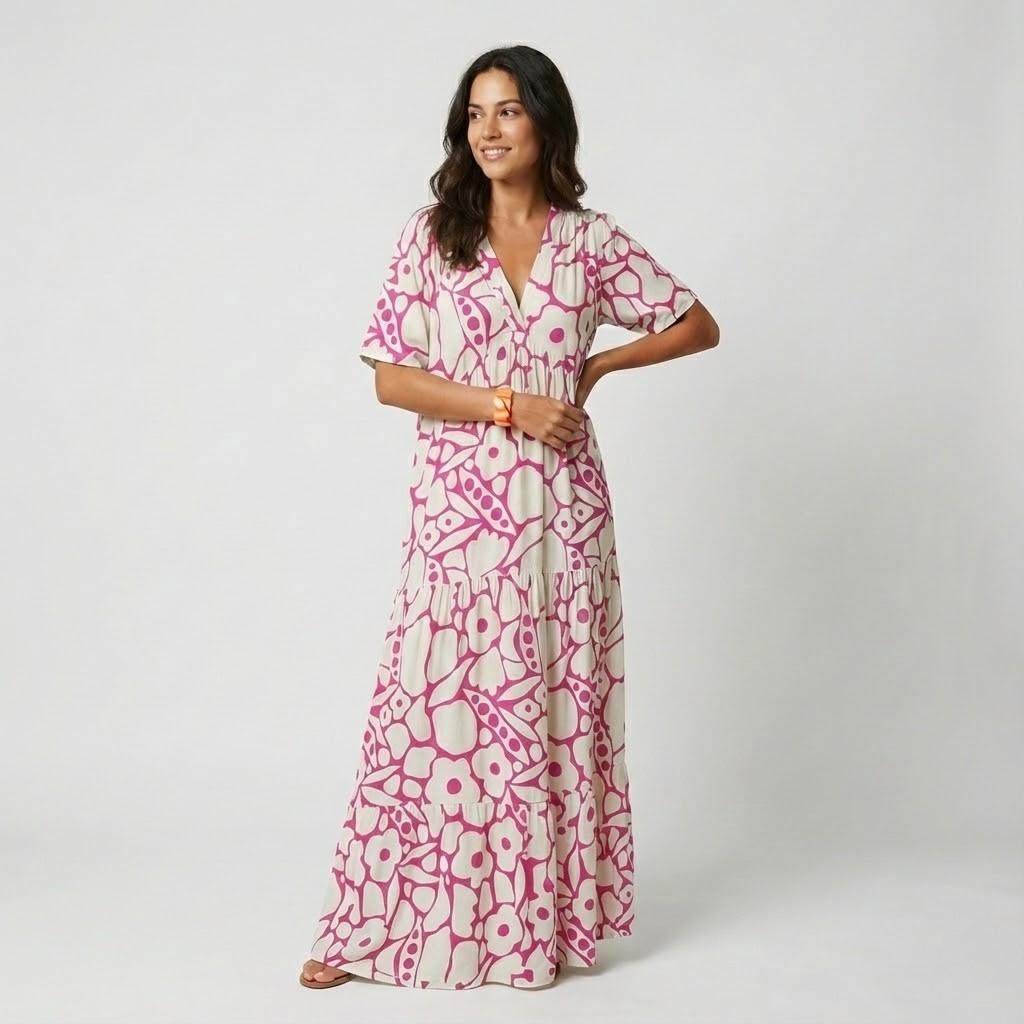 Fließendes Midi-Kleid aus Viskose | Lockere Passform mit V-Ausschnitt | Sommerfrische