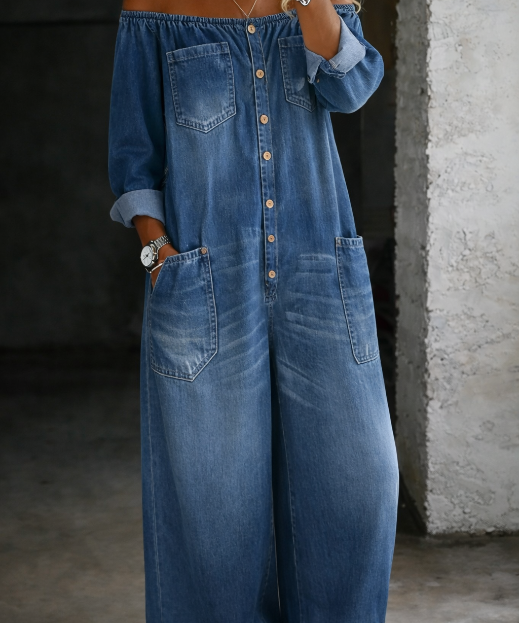 Helena - Langärmliger Jumpsuit mit Freiliegenden Schultern