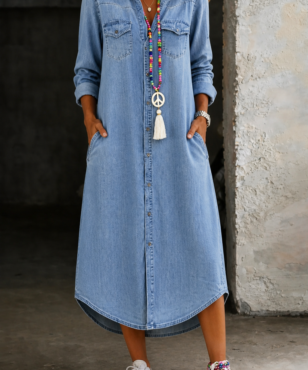 Sinéad | Lässiges elegantes langes Denim-Shirtkleid