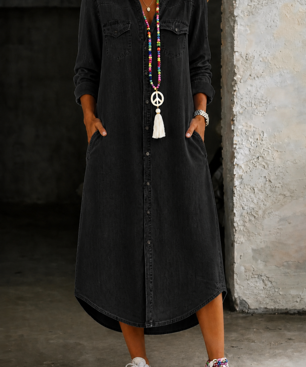 Sinéad | Lässiges elegantes langes Denim-Shirtkleid