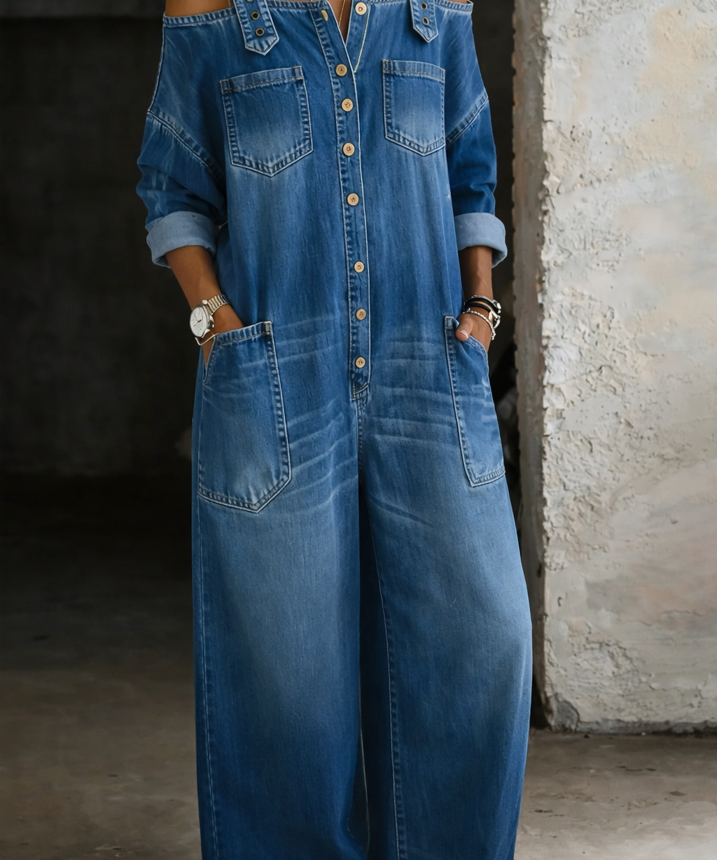 Elsa - Denim Jumpsuit mit schulterfreiem Design