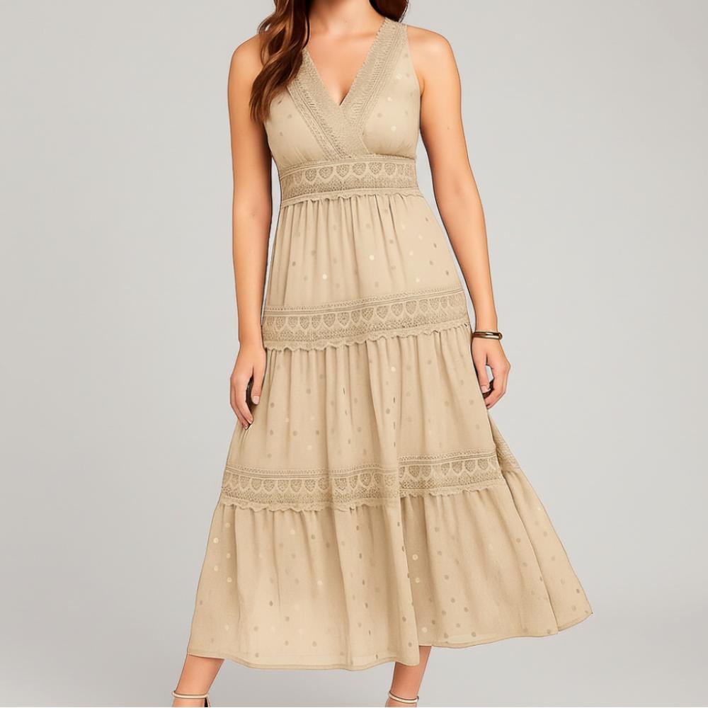 Ärmelloses Midi-Kleid für Damen mit V-Ausschnitt und fließendem Rock