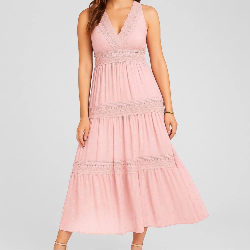 Ärmelloses Midi-Kleid für Damen mit V-Ausschnitt und fließendem Rock