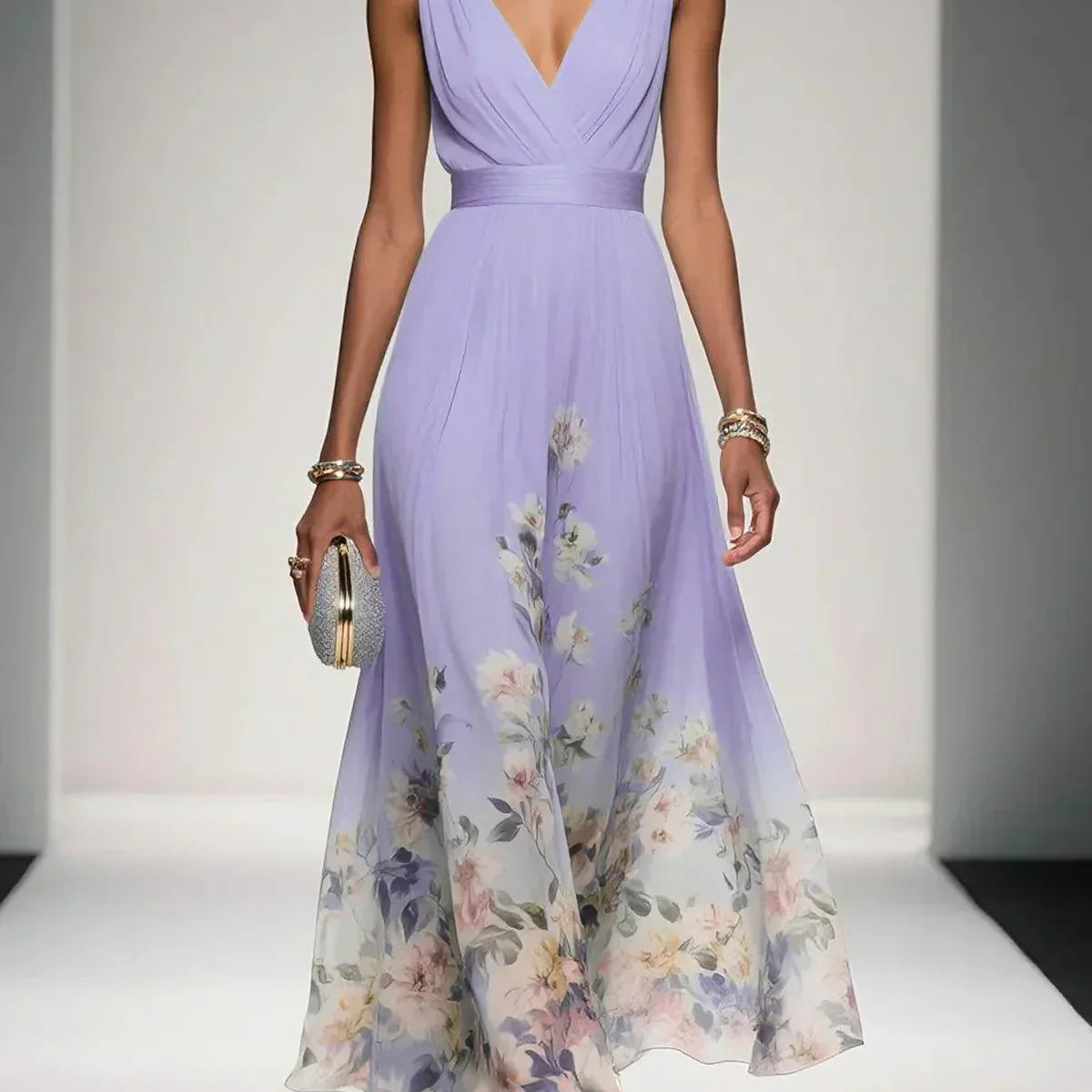 Paula | Maxikleid aus Chiffon mit Blumen hellblau und V-Ausschnitt
