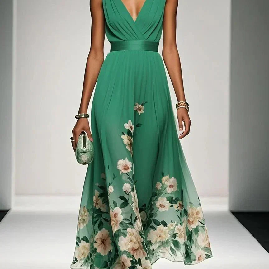 Paula | Maxikleid aus Chiffon mit Blumen hellblau und V-Ausschnitt
