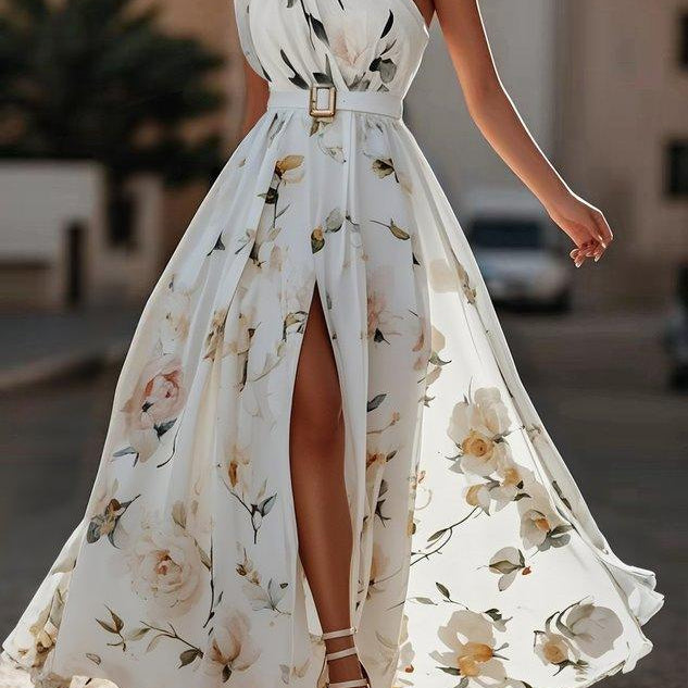 Amelie | Maxikleid Chiffon mit Blumenmuster mit freien Schultern hellgrün
