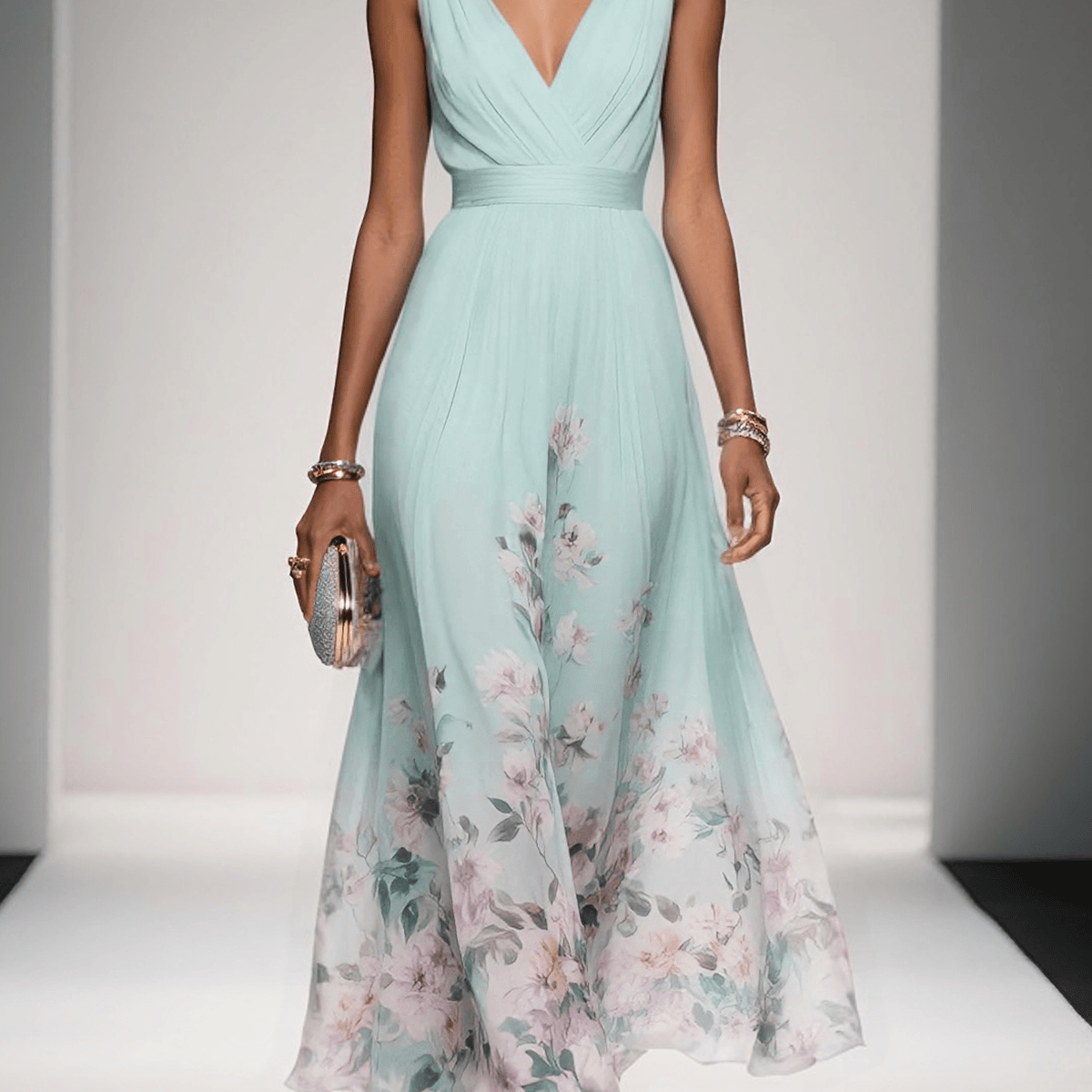 Paula | Maxikleid aus Chiffon mit Blumen hellblau und V-Ausschnitt