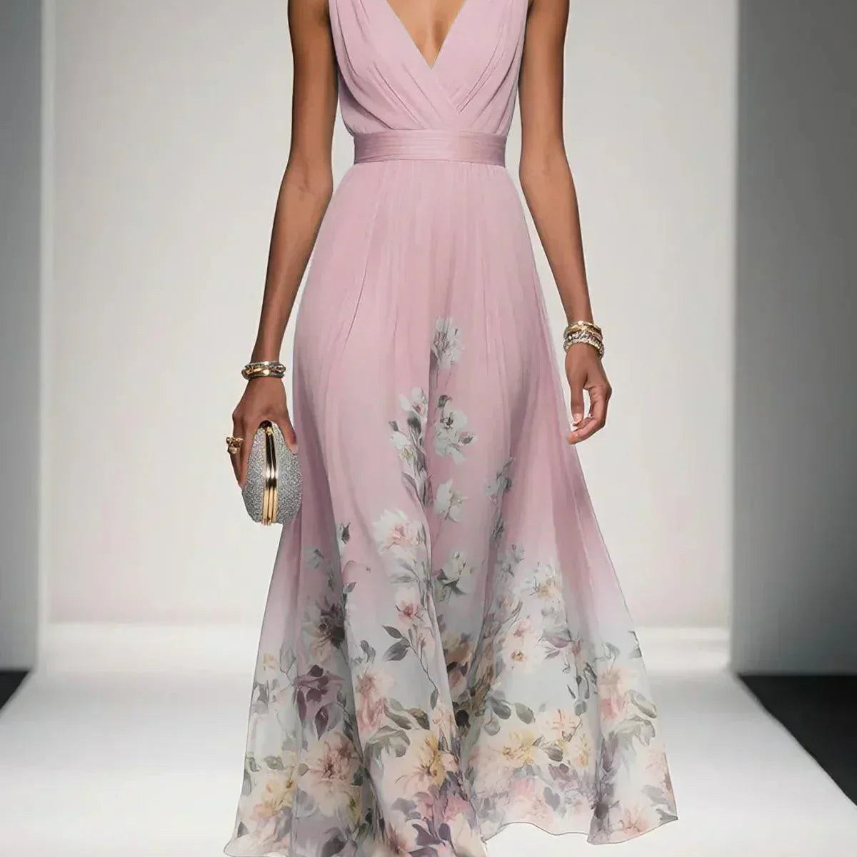Paula | Maxikleid aus Chiffon mit Blumen hellblau und V-Ausschnitt