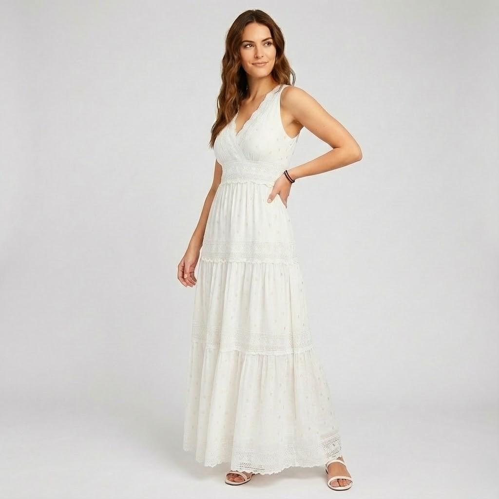 Ärmelloses Midi-Kleid für Damen mit V-Ausschnitt und fließendem Rock